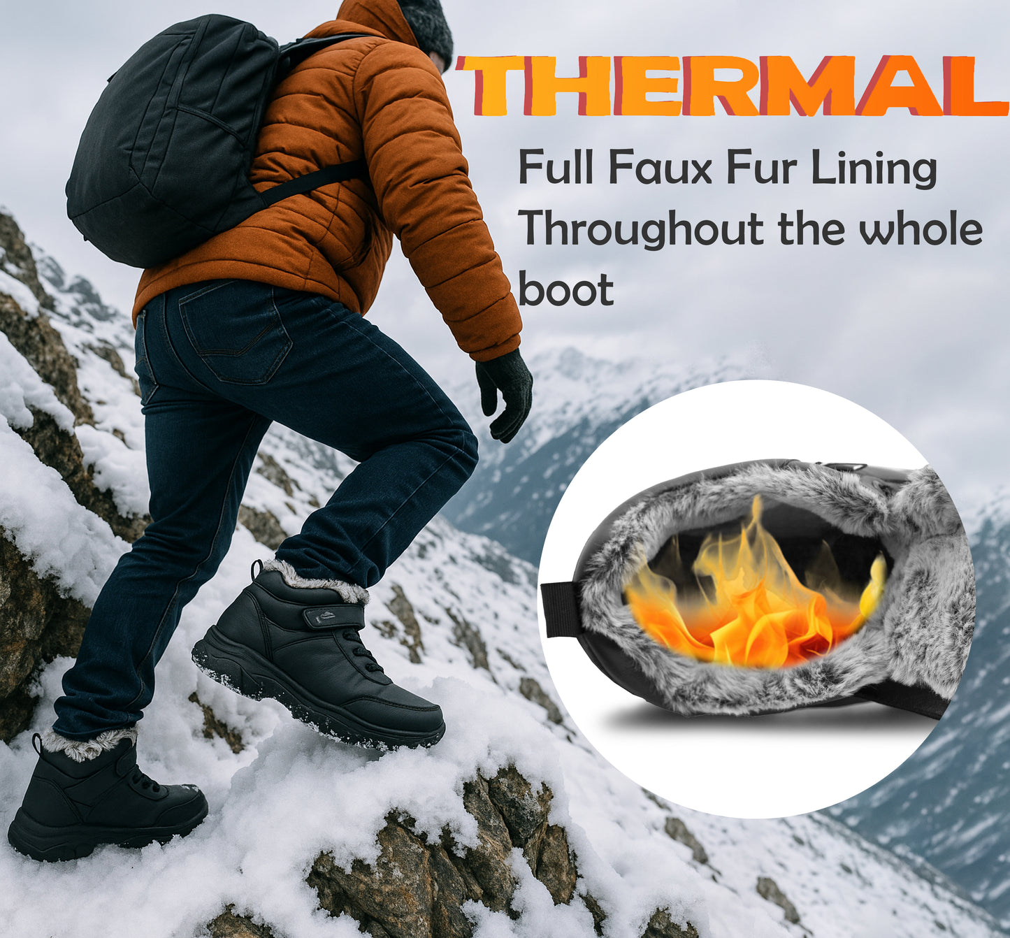 Mens Winter Snow Boots Thermal Faux Fur Lined Insulated Touch Fasten Lightweight Faux Leather Outdoor Walking Trainers