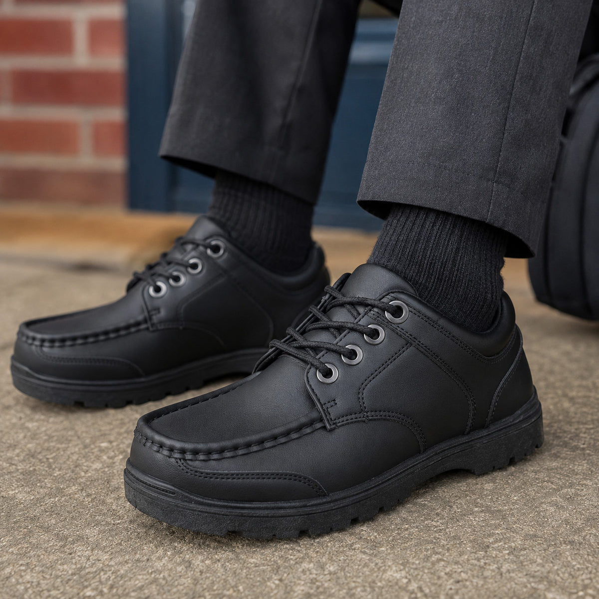 Boys Youth School Shoes All Black Faux Leather Lace Up Formal Smart Uniform Shoes