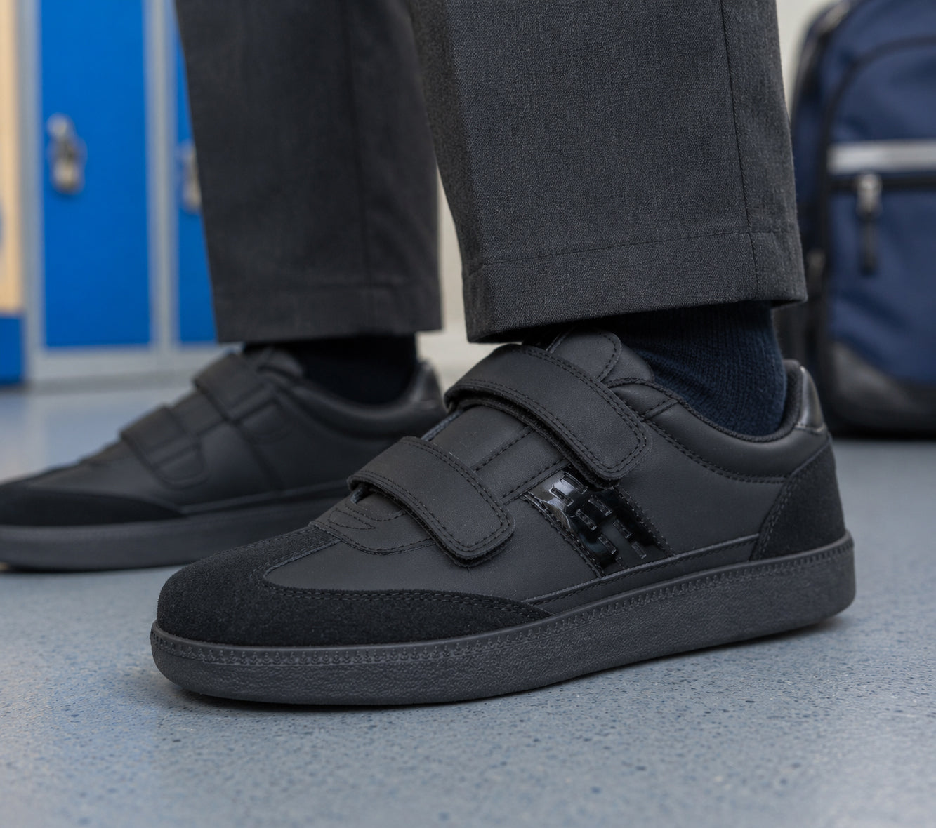 Boys Black Touch Fasten Trainers Kids Youth School Shoes Easy Fasten Slip On Sneakers Smart Uniform Sports Trainer Pumps Shoe
