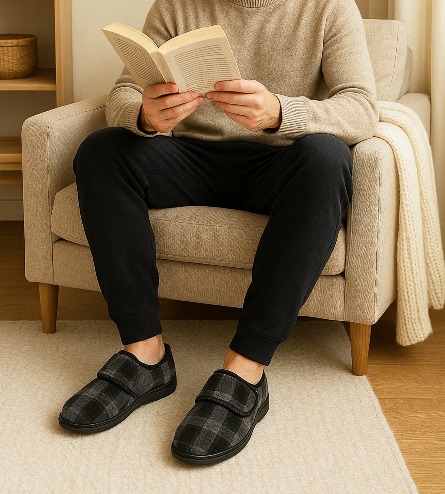 Mens Touch Fasten Slippers Navy Blue Check Felt Wide Opening House Shoes Casual Comfort Indoor Slipper (Copy)
