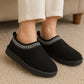 Womens Warm Slippers Black Faux Suede Fur Lined Slip On Backless Mules Ladies Faux Suede Winter Cosy Indoor House Shoes Sliders