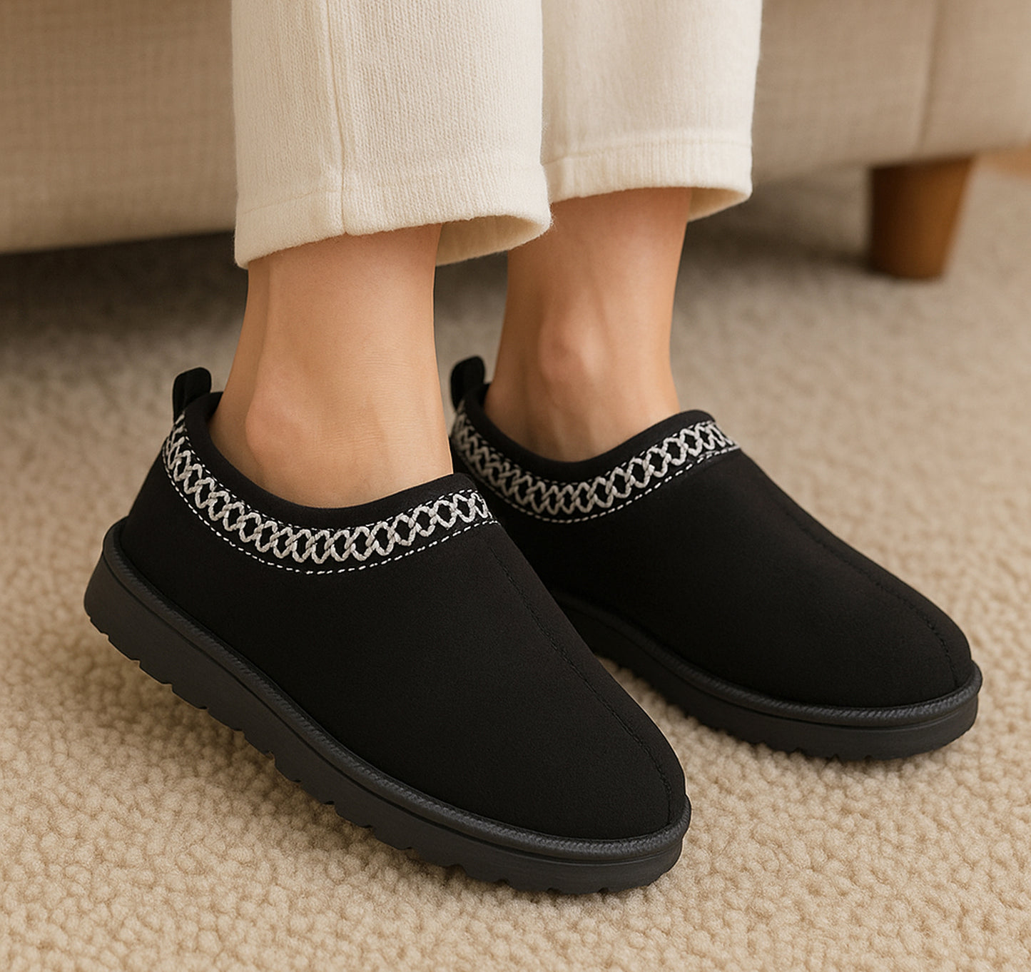 Womens Warm Slippers Black Faux Suede Fur Lined Slip On Backless Mules Ladies Faux Suede Winter Cosy Indoor House Shoes Sliders