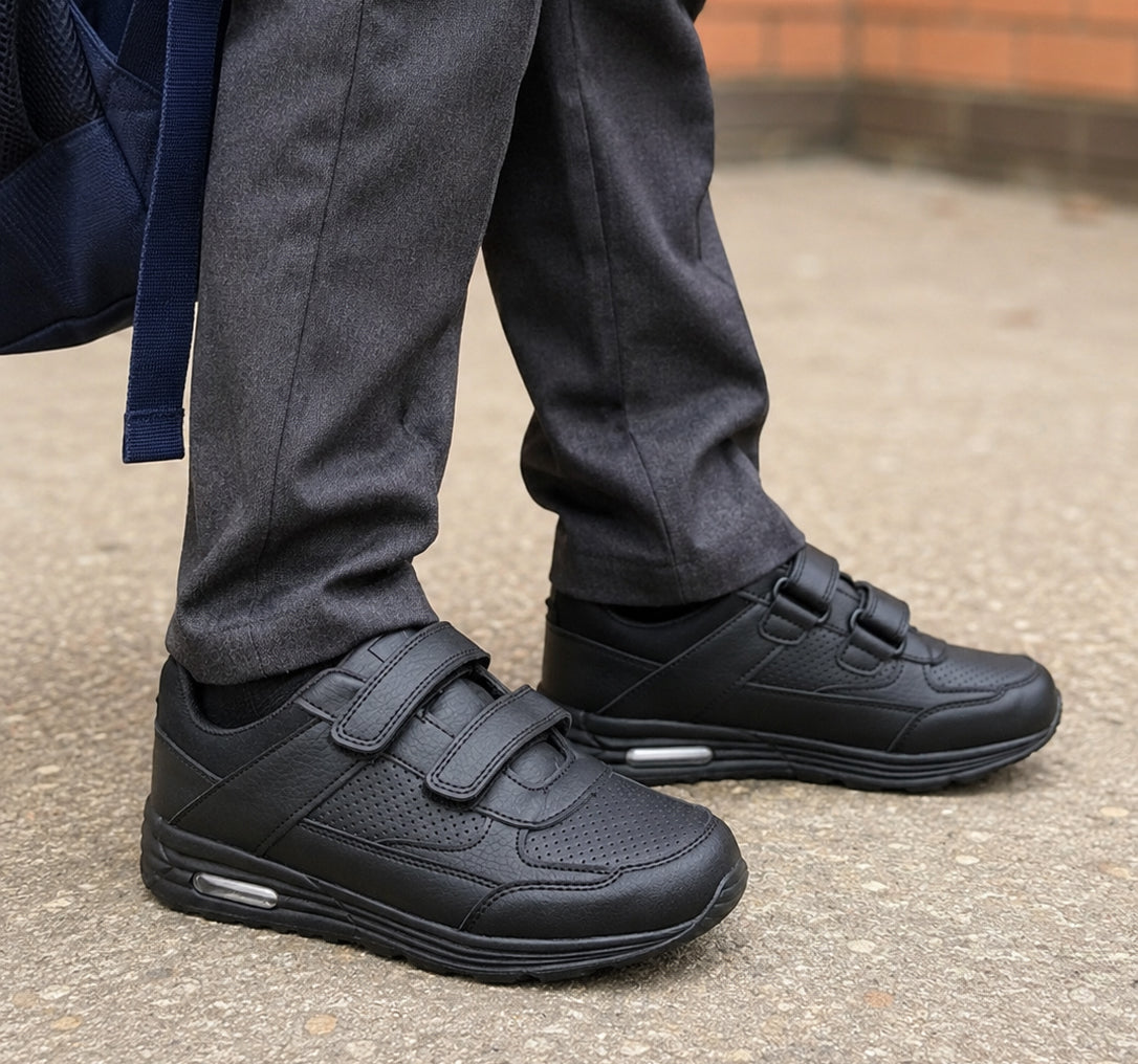 Kids Boys Black School Trainers Easy Fasten Touch Fastening Shoes Faux Leather Smart Uniform Sports Sneakers for Toddlers, Juniors & Older Boys