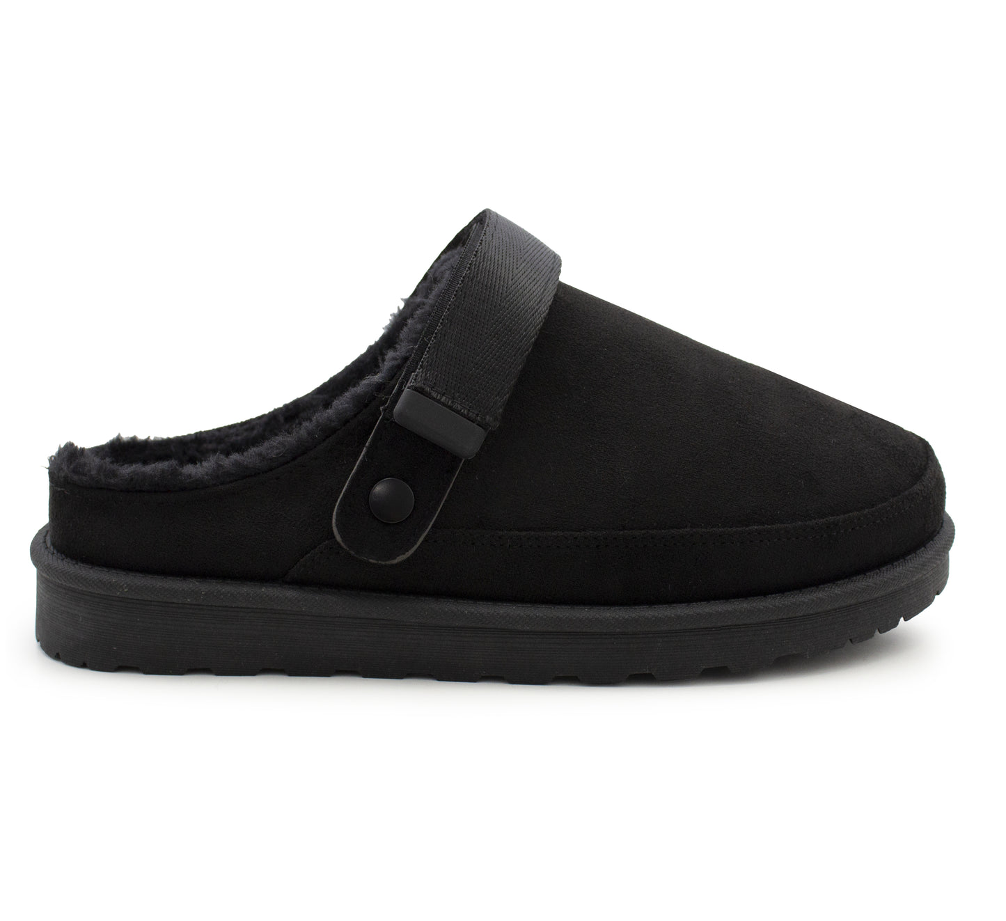 Womens Warm Slippers Black Faux Suede Fur Lined Clogs Adjustable Strap Slip On Mules Ladies Faux Suede Winter Cosy Indoor House Shoes