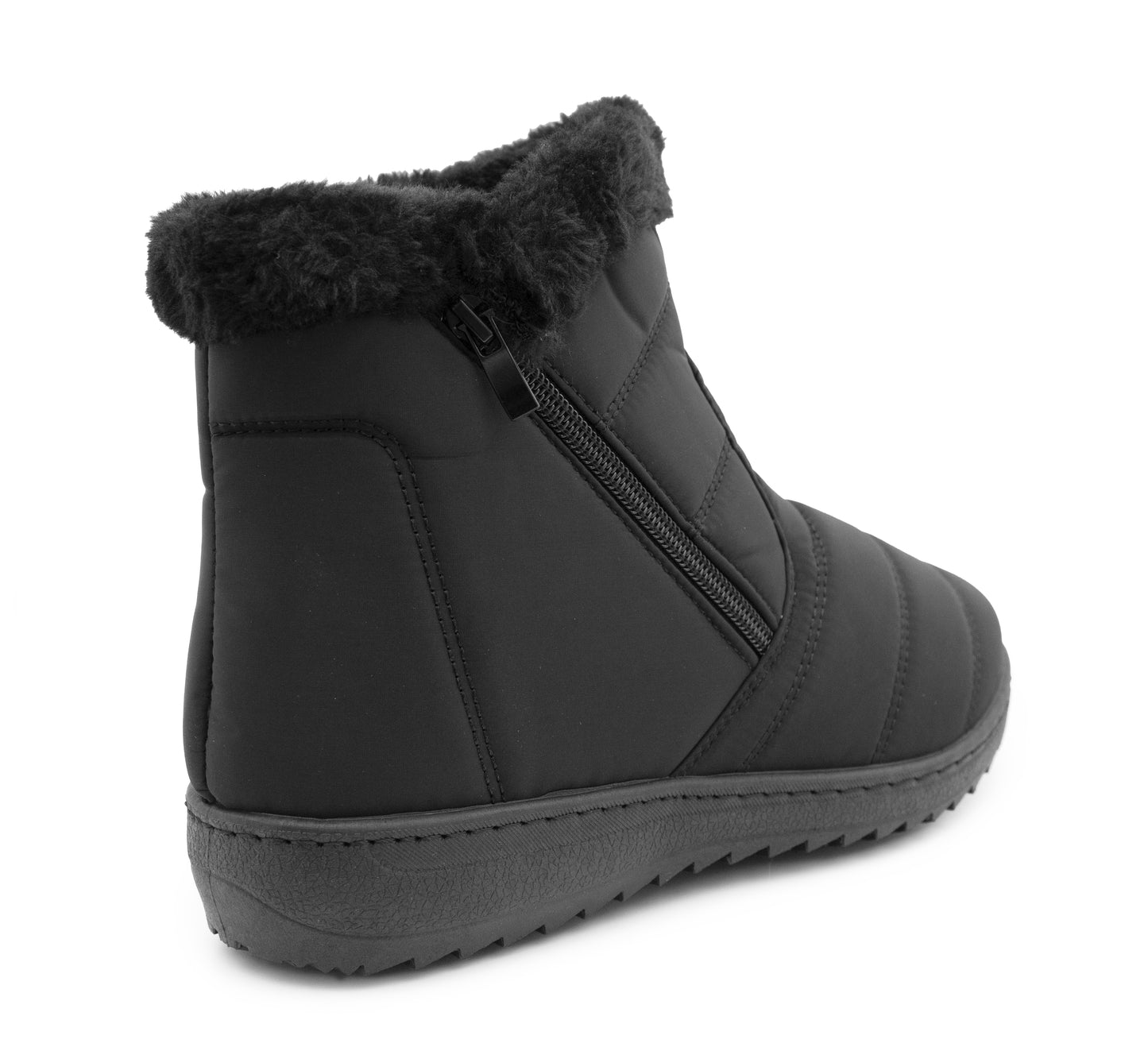 Womens Winter Black Boots Faux Fur Lined Zip Up Warm Insulated Ladies Slip On Quilted Thermal Ankle Boot
