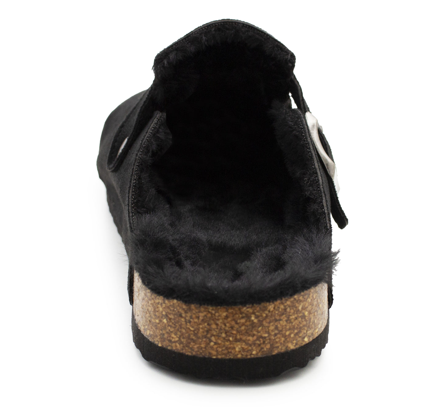 Womens Winter Black Slippers Faux Fur Lined Suede Clogs Slip On Adjustable Buckle Cork Footbed Backless Mules Ladies Casual Slippers