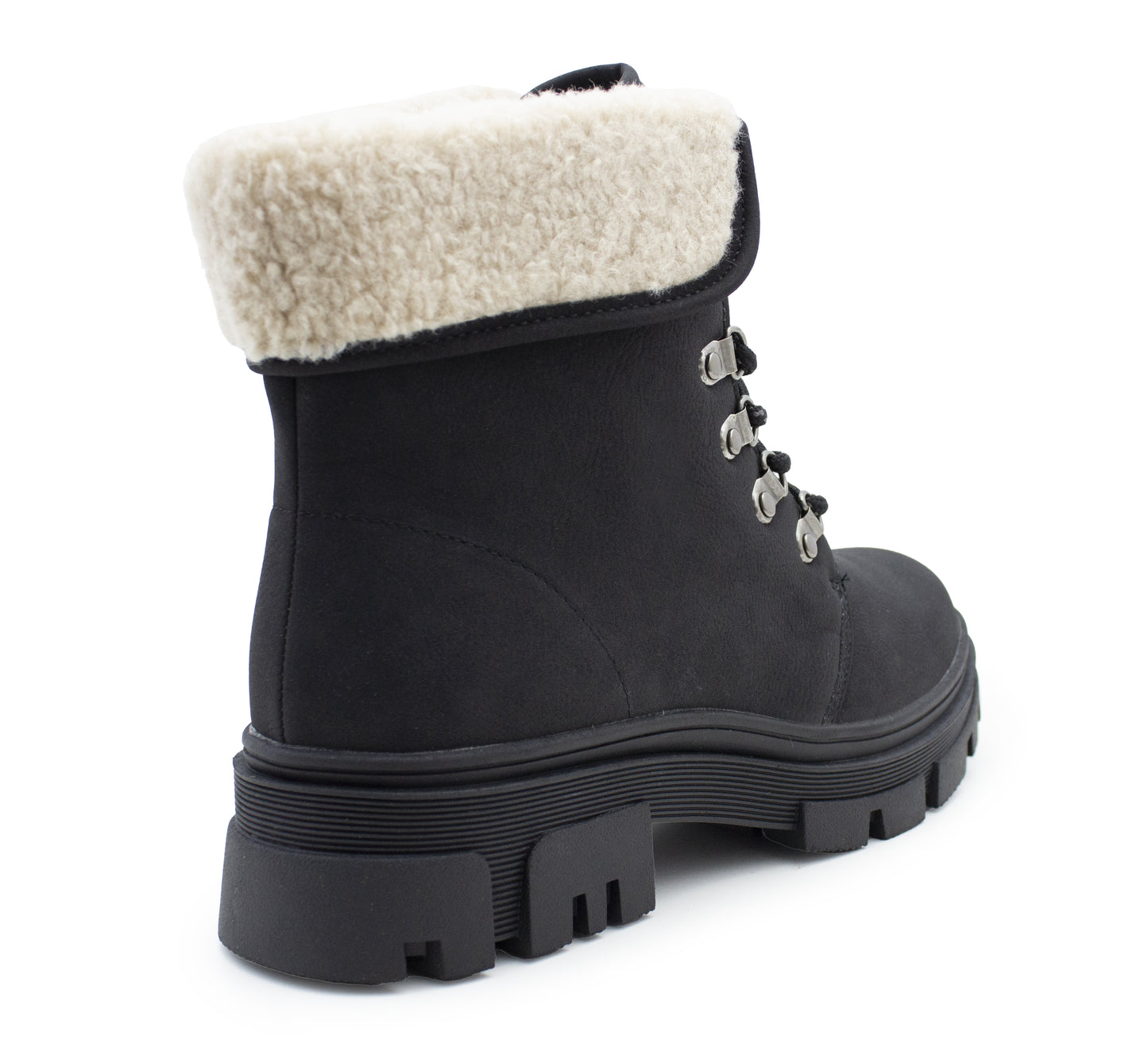 Womens Black Winter Ankle Boots Chunky Sole Platform Faux Fur Lined Warm Fleece Trim Ladies High Top Hiking Combat Fashion Boots