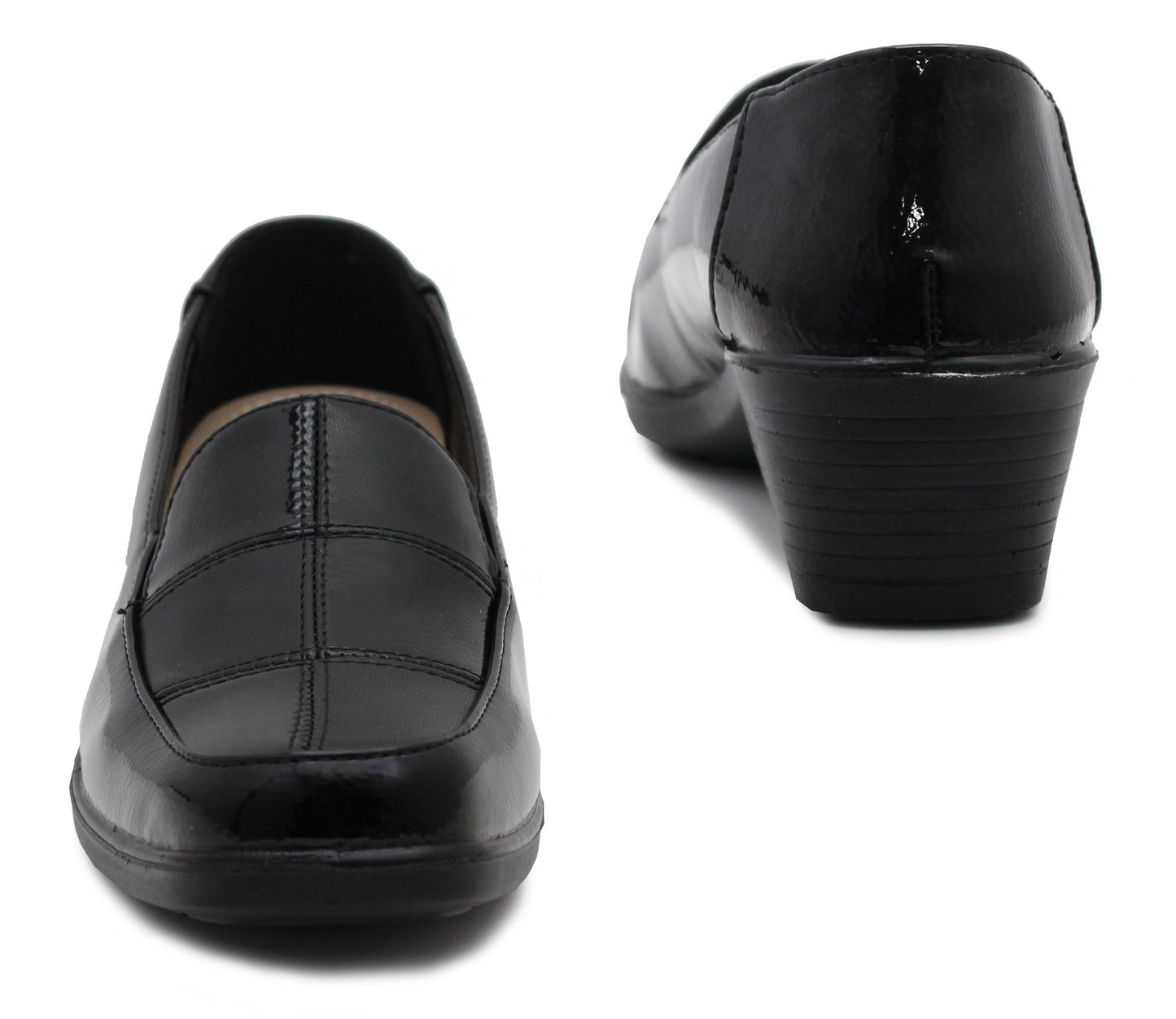 Womens Block Heel Court Shoe Pumps Ladies Patent Smart Slip On Low Heel Office Formal Loafer Shoes