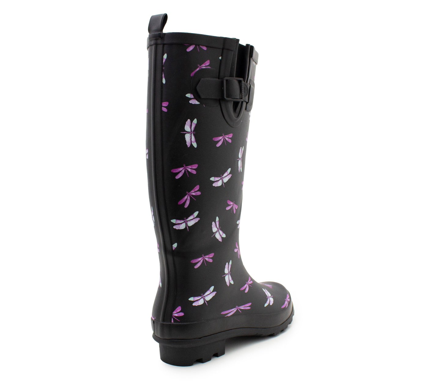 Womens Adjustable Calf Wellies Black Dragonfly Waterproof Ladies Fashion Festival Dog Walking Rain Mud Wellington Boots