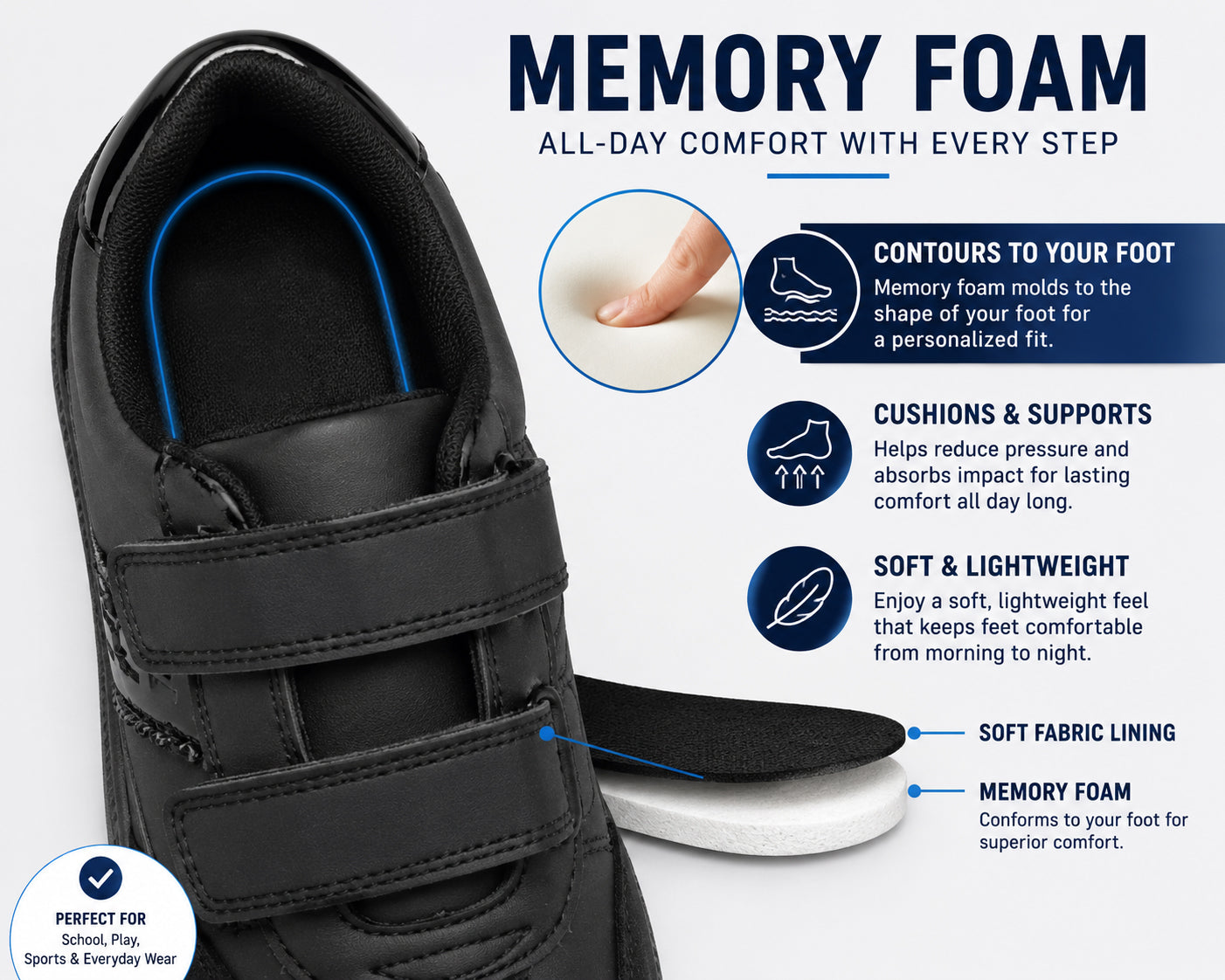 Boys Black Touch Fasten Trainers Kids Youth School Shoes Easy Fasten Slip On Sneakers Smart Uniform Sports Trainer Pumps Shoe