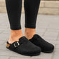 Womens Winter Black Slippers Faux Fur Lined Suede Clogs Slip On Adjustable Buckle Cork Footbed Backless Mules Ladies Casual Slippers