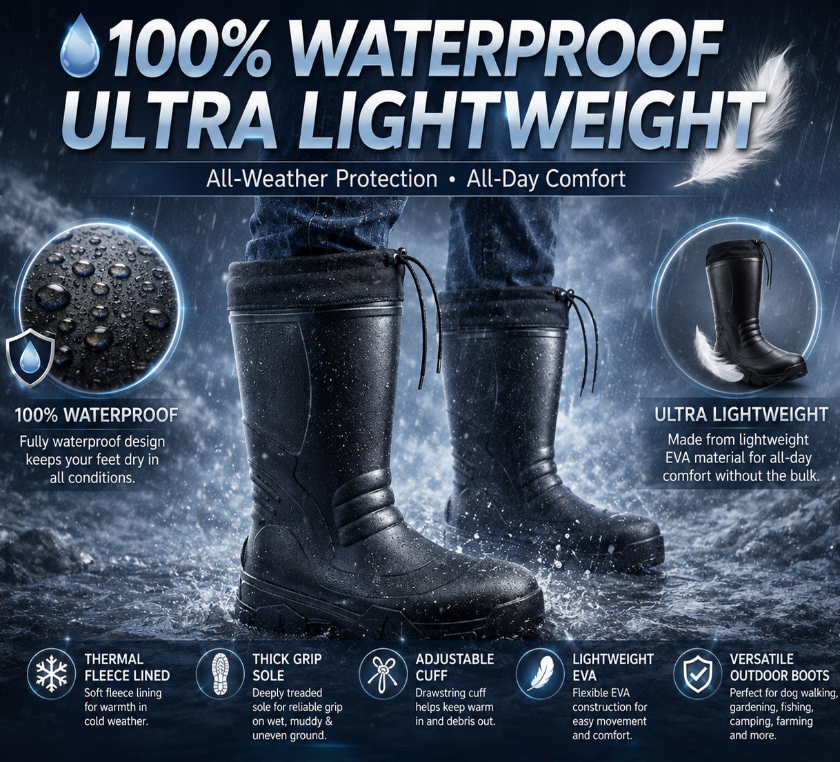 Mens Thermal Lightweight Wellies Waterproof EVA Fleece Lined Winter Snow Boots