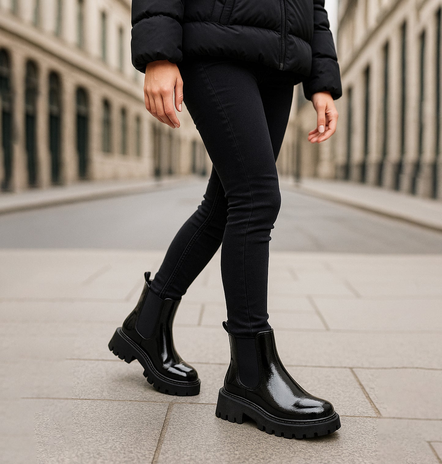 Womens Platform Boots Ladies Slip On Chunky Sole Patent Smart Casual Business Office Shiny Gloss Fashion Chelsea Ankle Boots