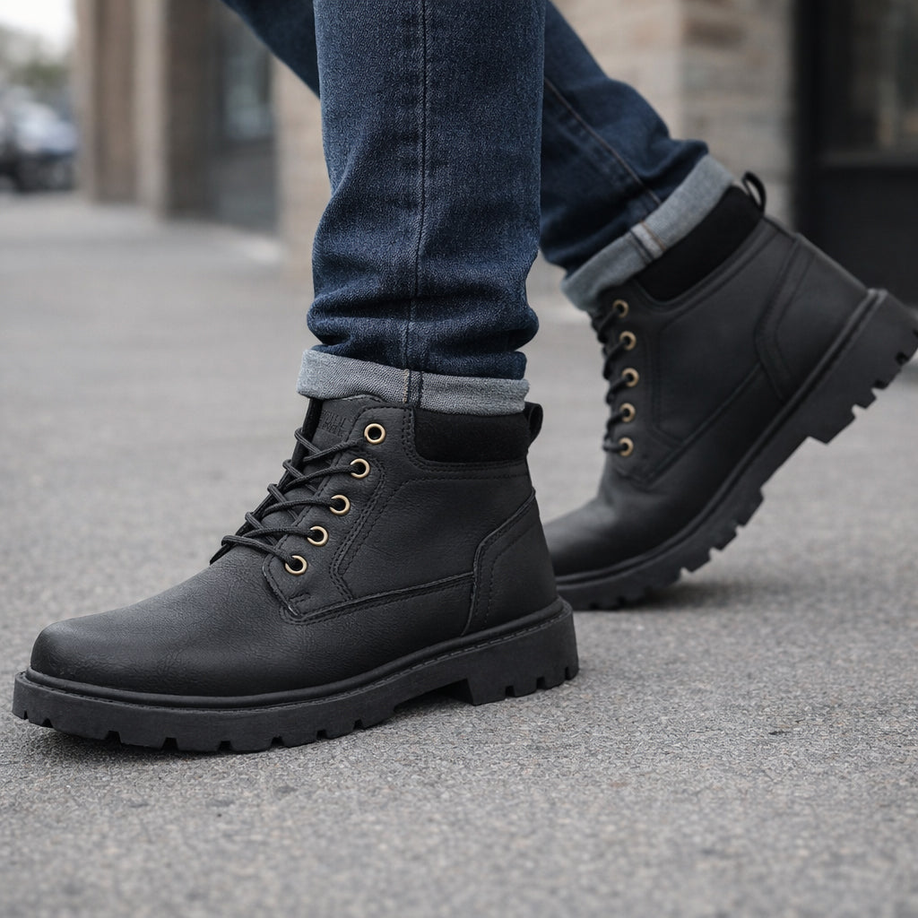 Mens Ankle Boots Faux Leather Smart Casual Lace Up Fashion Combat Boots in Black
