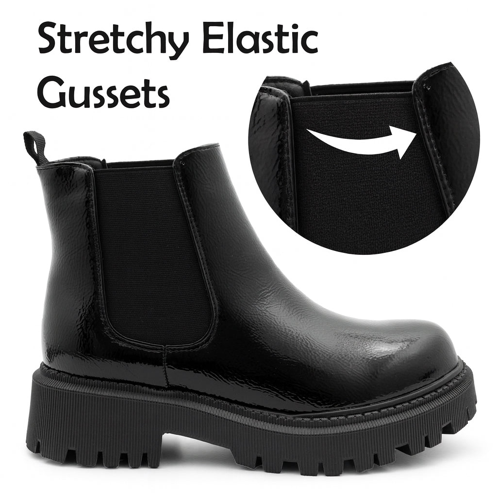 Womens Platform Boots Ladies Slip On Chunky Sole Patent Smart Casual Business Office Shiny Gloss Fashion Chelsea Ankle Boots