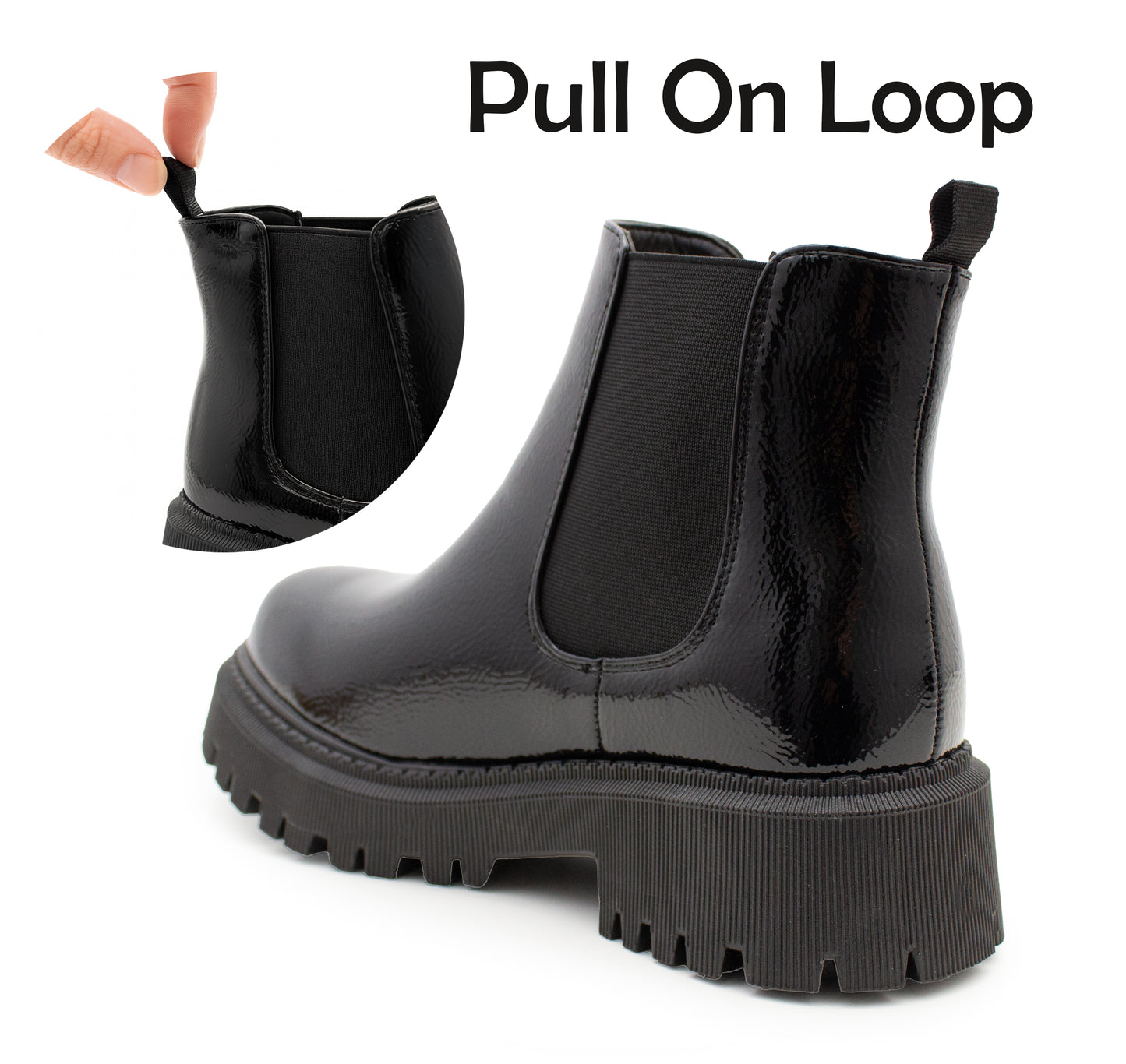 Womens Platform Boots Ladies Slip On Chunky Sole Patent Smart Casual Business Office Shiny Gloss Fashion Chelsea Ankle Boots