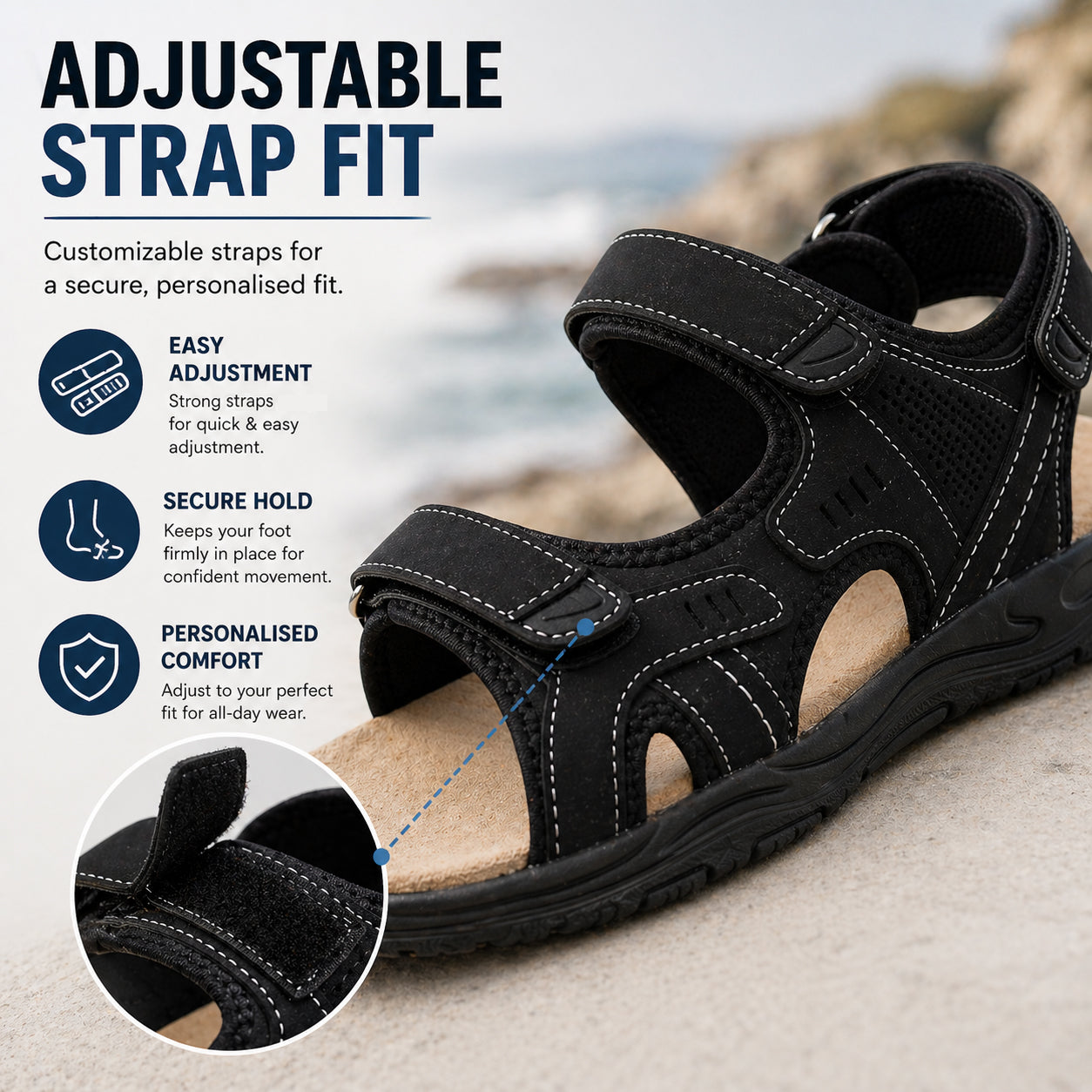 Mens Hiking Sandals Triple Touch Fasten Strap Sports Beach Outdoor Sandals