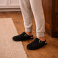 Mens Winter Slippers Faux Fur Lined Suede Clogs Slip On Adjustable Buckle Cork Footbed Backless Mules Houseshoes Slippers
