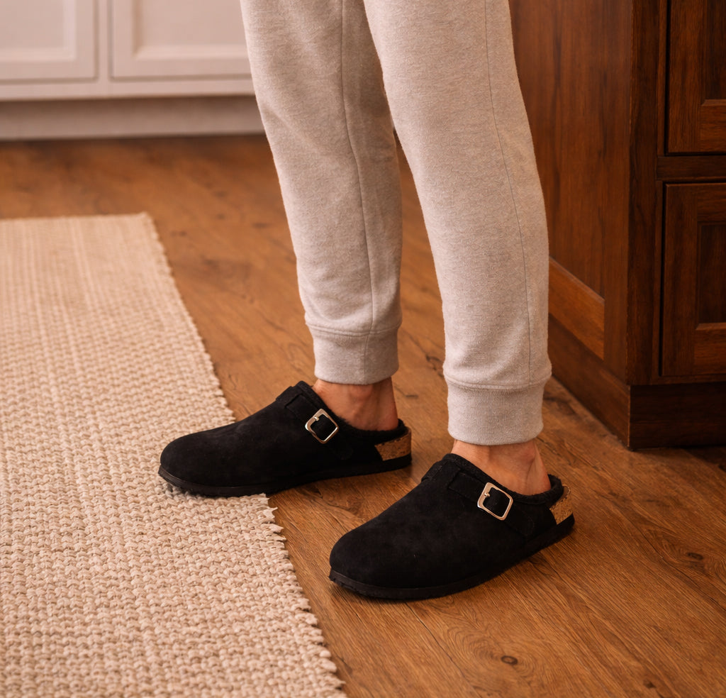 Mens Winter Slippers Faux Fur Lined Suede Clogs Slip On Adjustable Buckle Cork Footbed Backless Mules Houseshoes Slippers