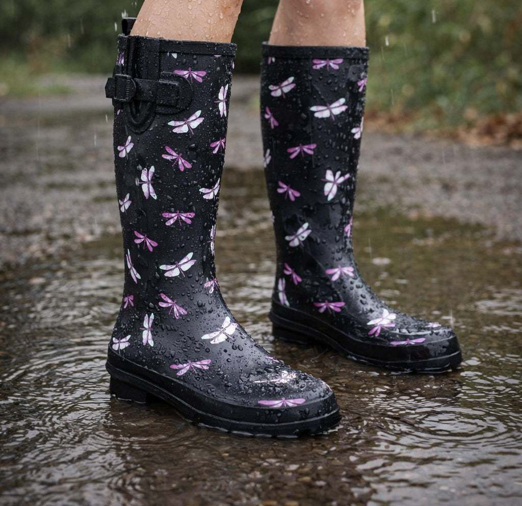 Womens Adjustable Calf Wellies Black Dragonfly Waterproof Ladies Fashion Festival Dog Walking Rain Mud Wellington Boots