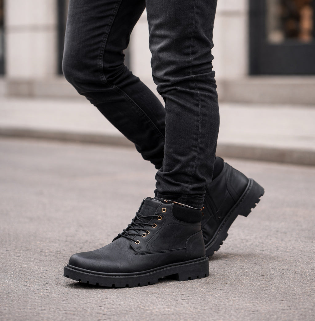 Mens Ankle Boots Faux Leather Smart Casual Lace Up Fashion Combat Boots in Black