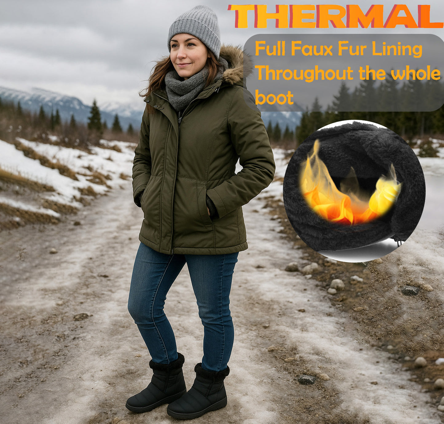 Womens Winter Black Boots Faux Fur Lined Zip Up Warm Insulated Ladies Slip On Quilted Thermal Ankle Boot