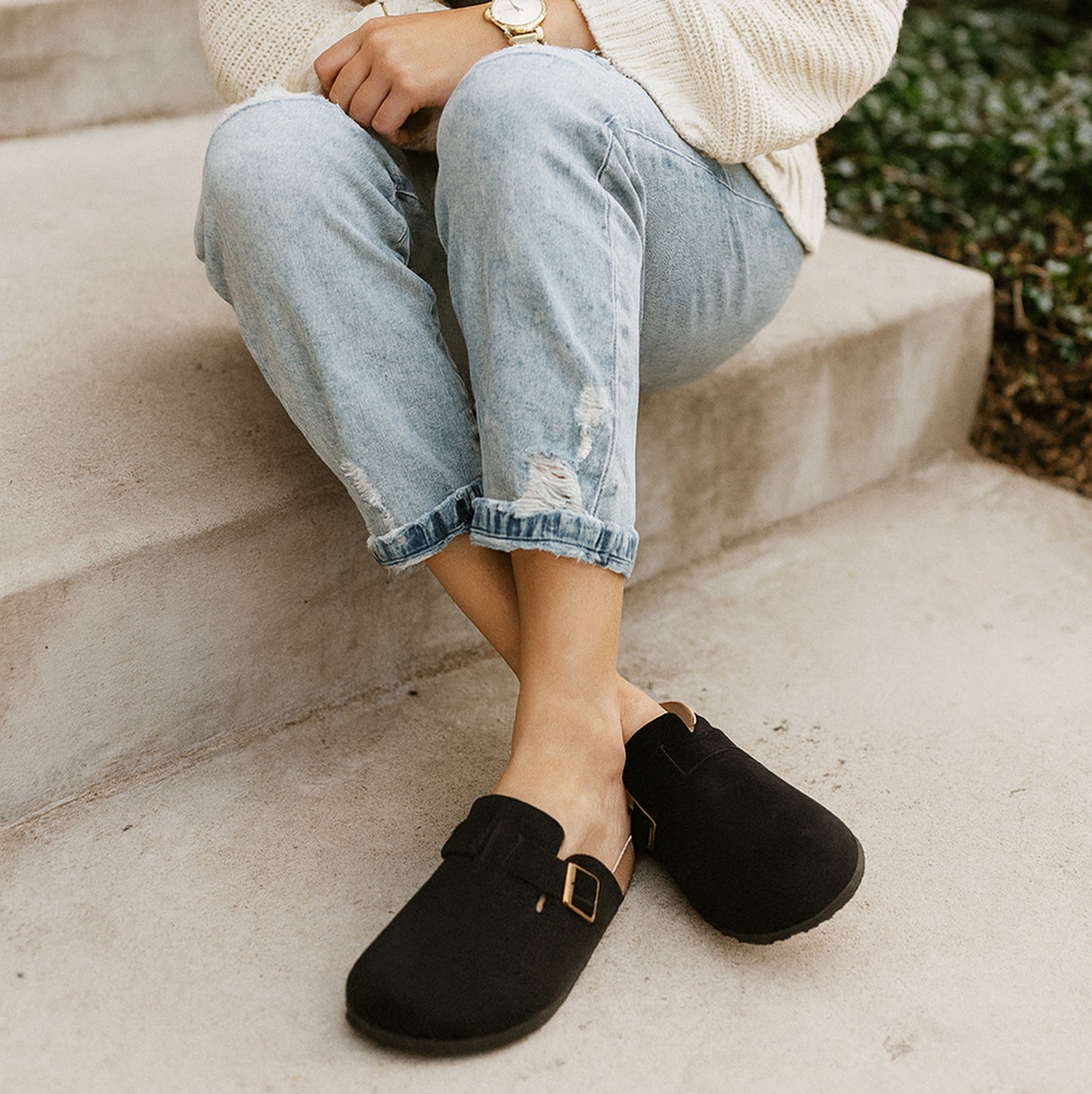 Womens Faux Suede Clogs Slip On Adjustable Buckle Cork Footbed Arch Support Ladies Backless Mules Flat Casual Slippers