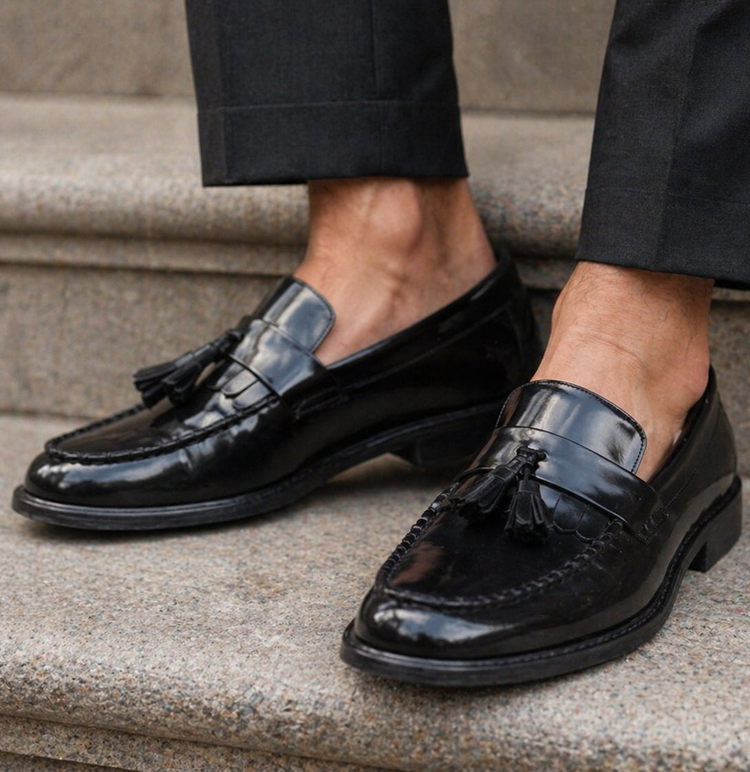 Mens Black Leather Tassel Loafers Slip On Smart Formal Shoes Classic Office Wedding Dress Shoes