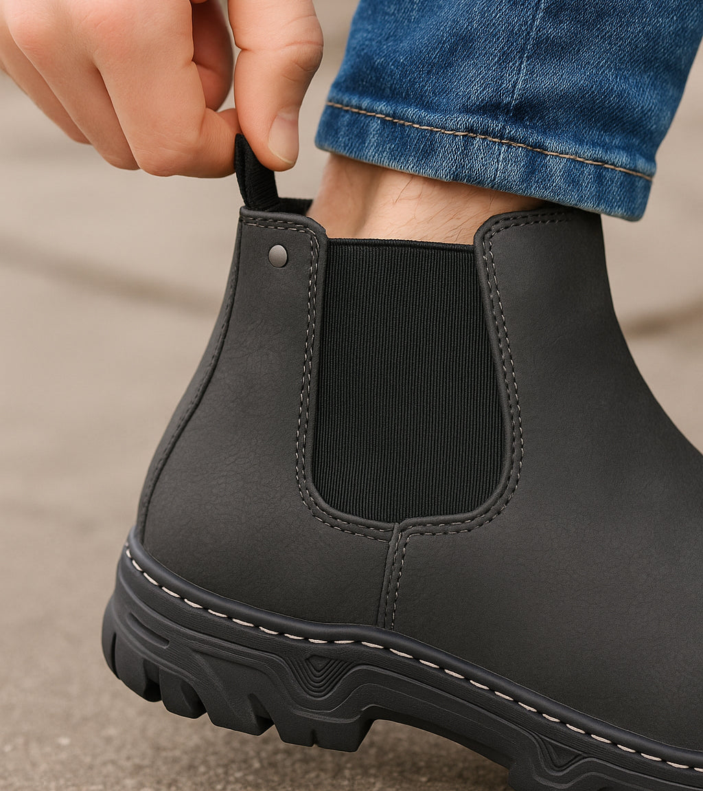 Mens Chelsea Boots Rugged Faux Leather Dealer Ankle Boots Slip On Elastic Twin Gusset Fashion Boot