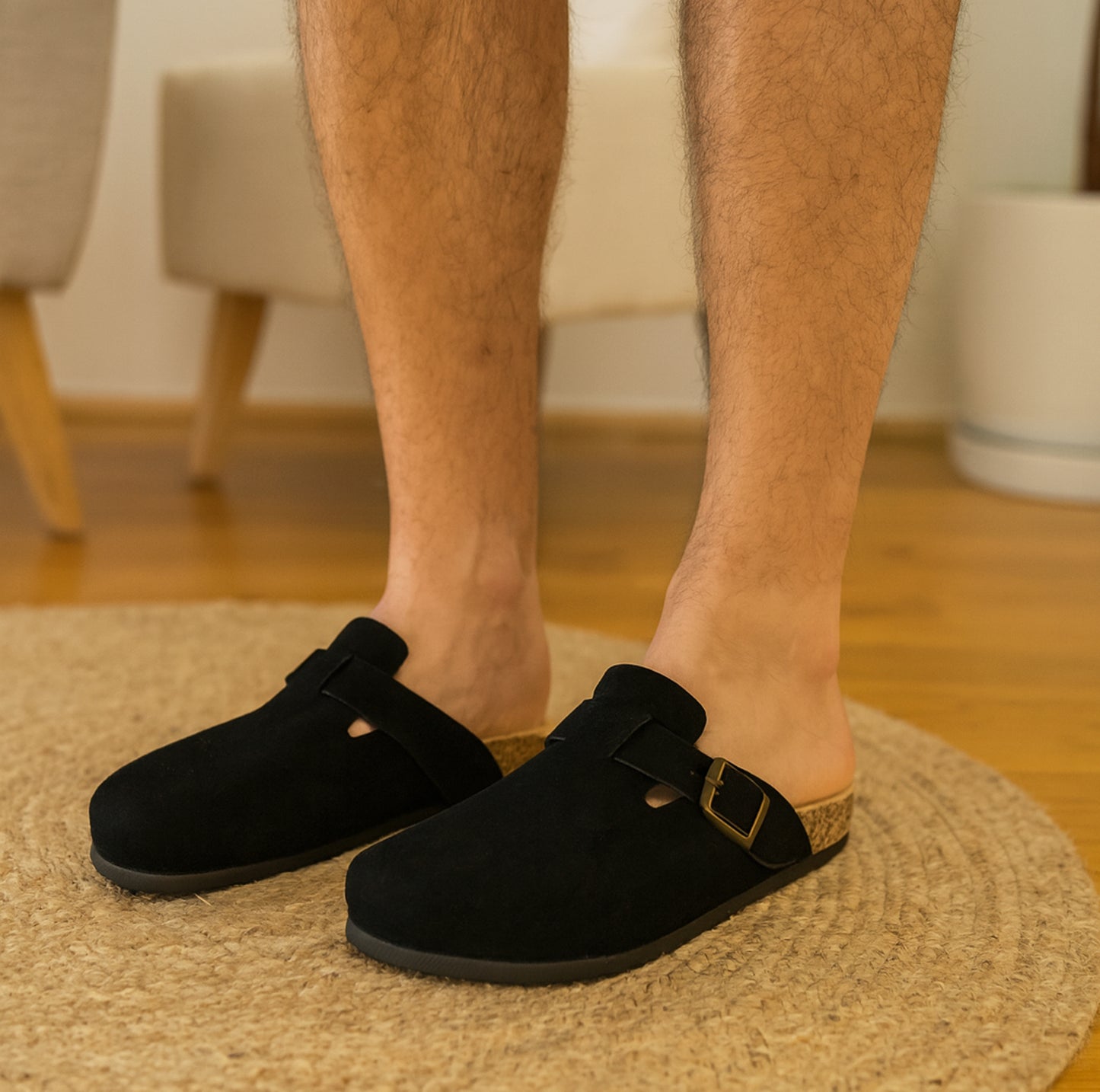 Mens Faux Suede Clogs Slip On Adjustable Buckle Cork Footbed Arch Support Backless Mules Flat Casual Slippers