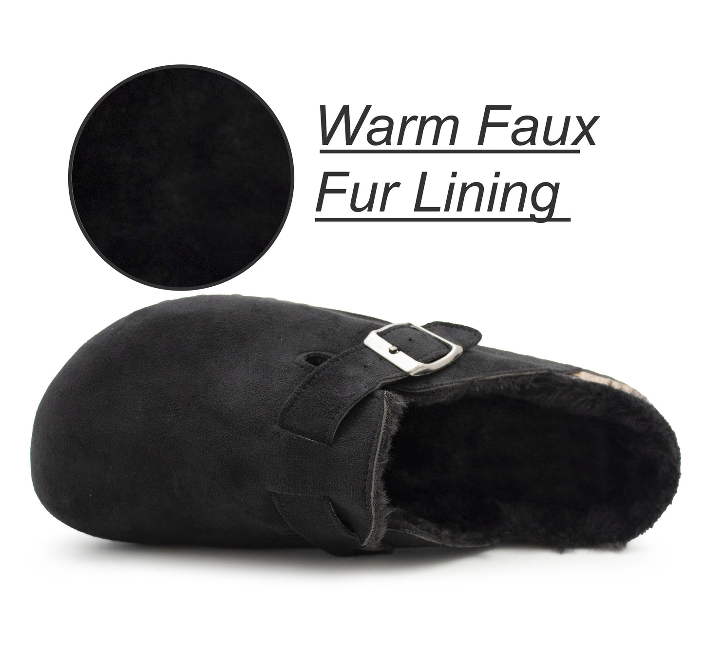 Womens Winter Black Slippers Faux Fur Lined Suede Clogs Slip On Adjustable Buckle Cork Footbed Backless Mules Ladies Casual Slippers