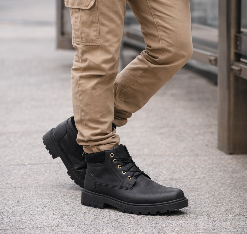 Mens Ankle Boots Faux Leather Smart Casual Lace Up Fashion Combat Boots in Black