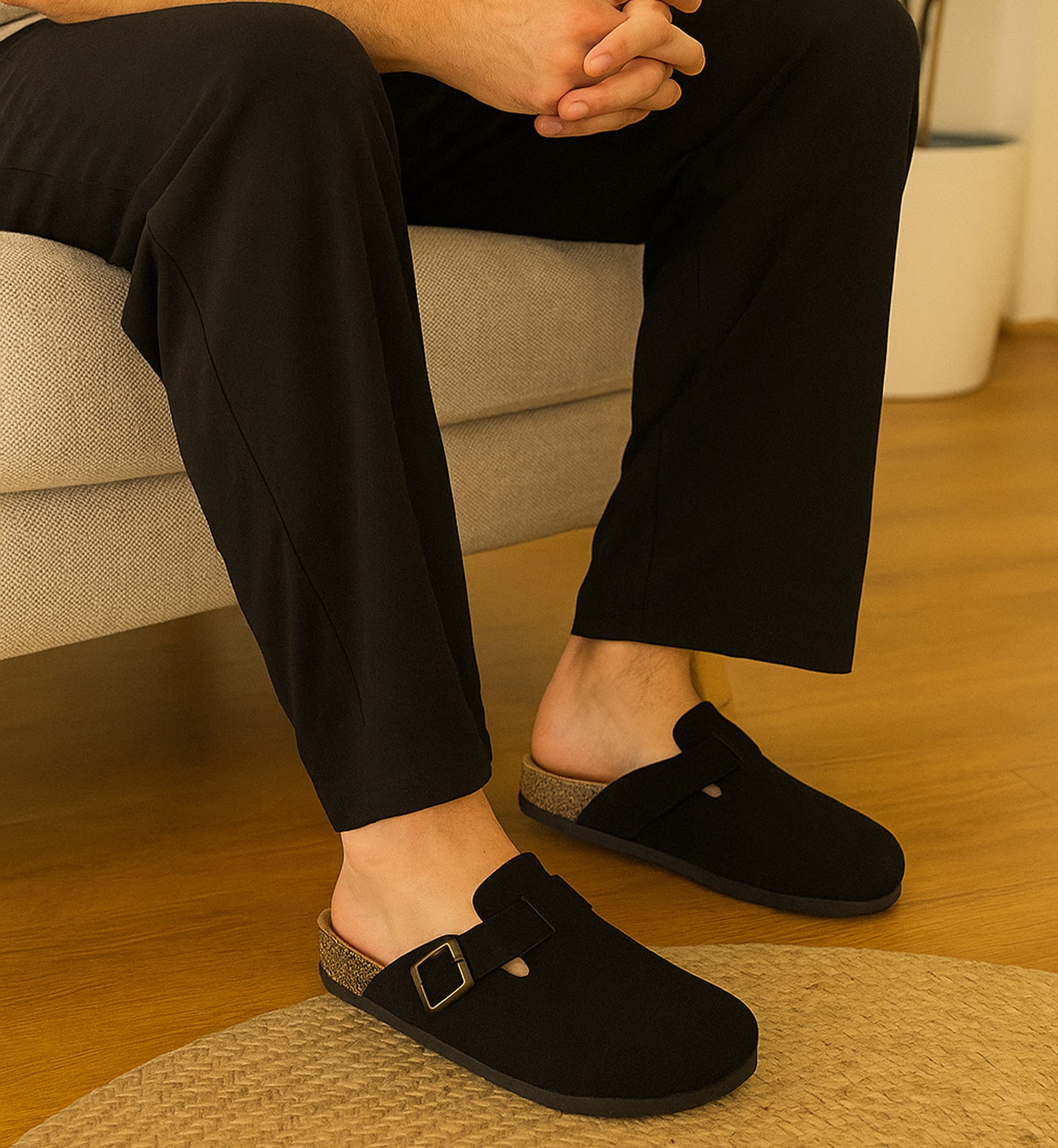 Mens Faux Suede Clogs Slip On Adjustable Buckle Cork Footbed Arch Support Backless Mules Flat Casual Slippers