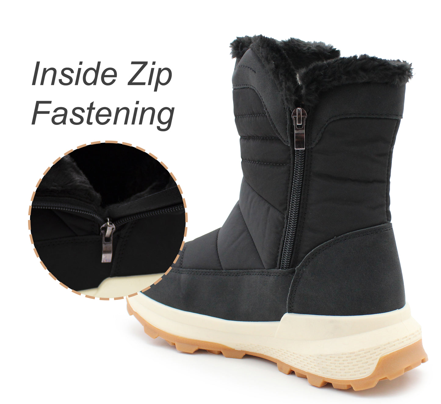 Womens Winter Boots Faux Fur Lined Mid Calf Zip Up Warm Insulated Ladies Slip On Quilted Thermal Ankle Boot