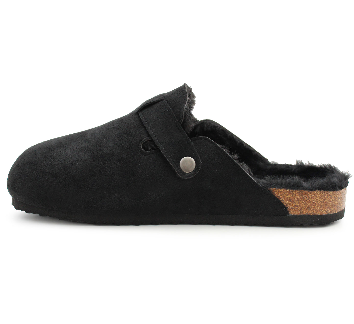 Womens Winter Black Slippers Faux Fur Lined Suede Clogs Slip On Adjustable Buckle Cork Footbed Backless Mules Ladies Casual Slippers
