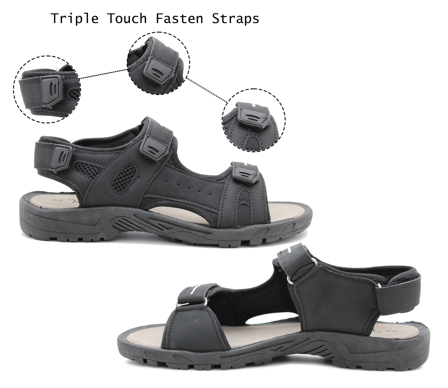 CRAIG Mens Triple Touch Fasten Sports Hiking Sandals in Black