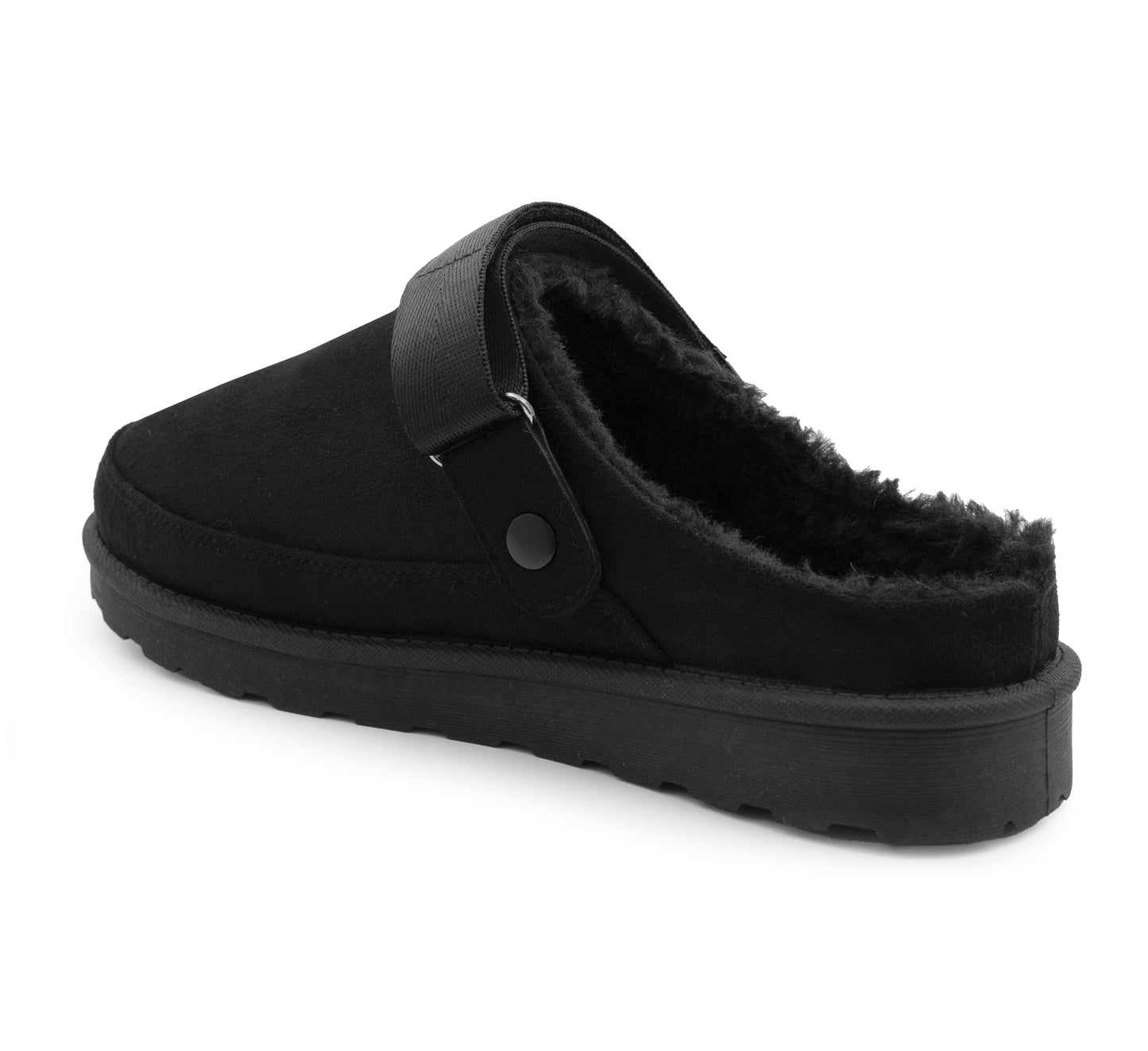 Womens Warm Slippers Black Faux Suede Fur Lined Clogs Adjustable Strap Slip On Mules Ladies Faux Suede Winter Cosy Indoor House Shoes