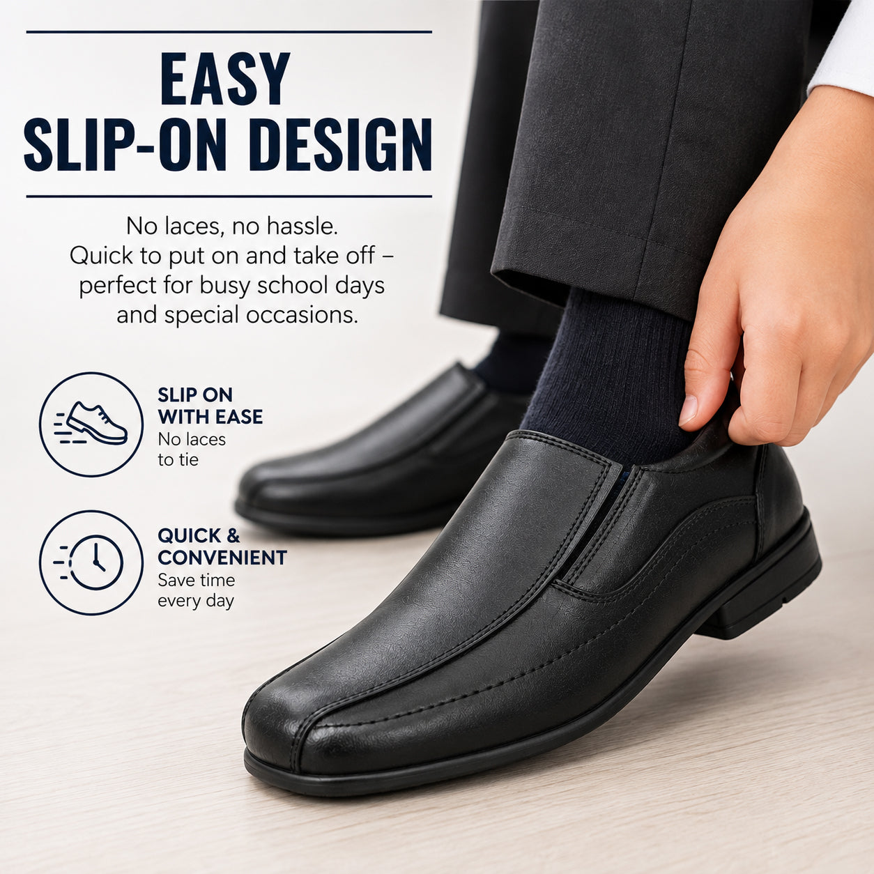 Boys Genuine Leather Slip On School Shoes Smart Black Formal Wedding Shoes