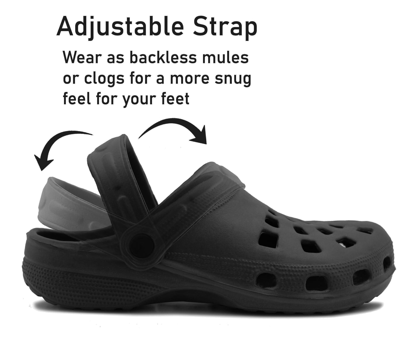 Womens Lightweight Black EVA Clogs Slip On Breathable Adjustable Strap Garden Beach Hospital Nurse Kitchen Water Shoes Sandals