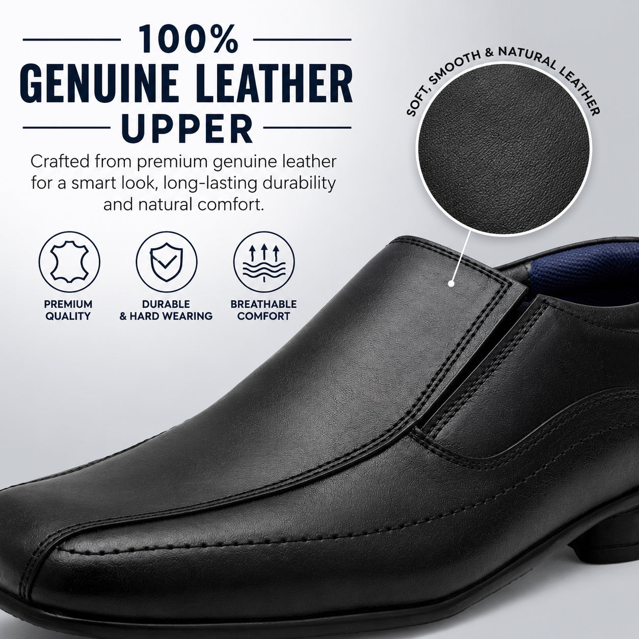 Boys Genuine Leather Slip On School Shoes Smart Black Formal Wedding Shoes