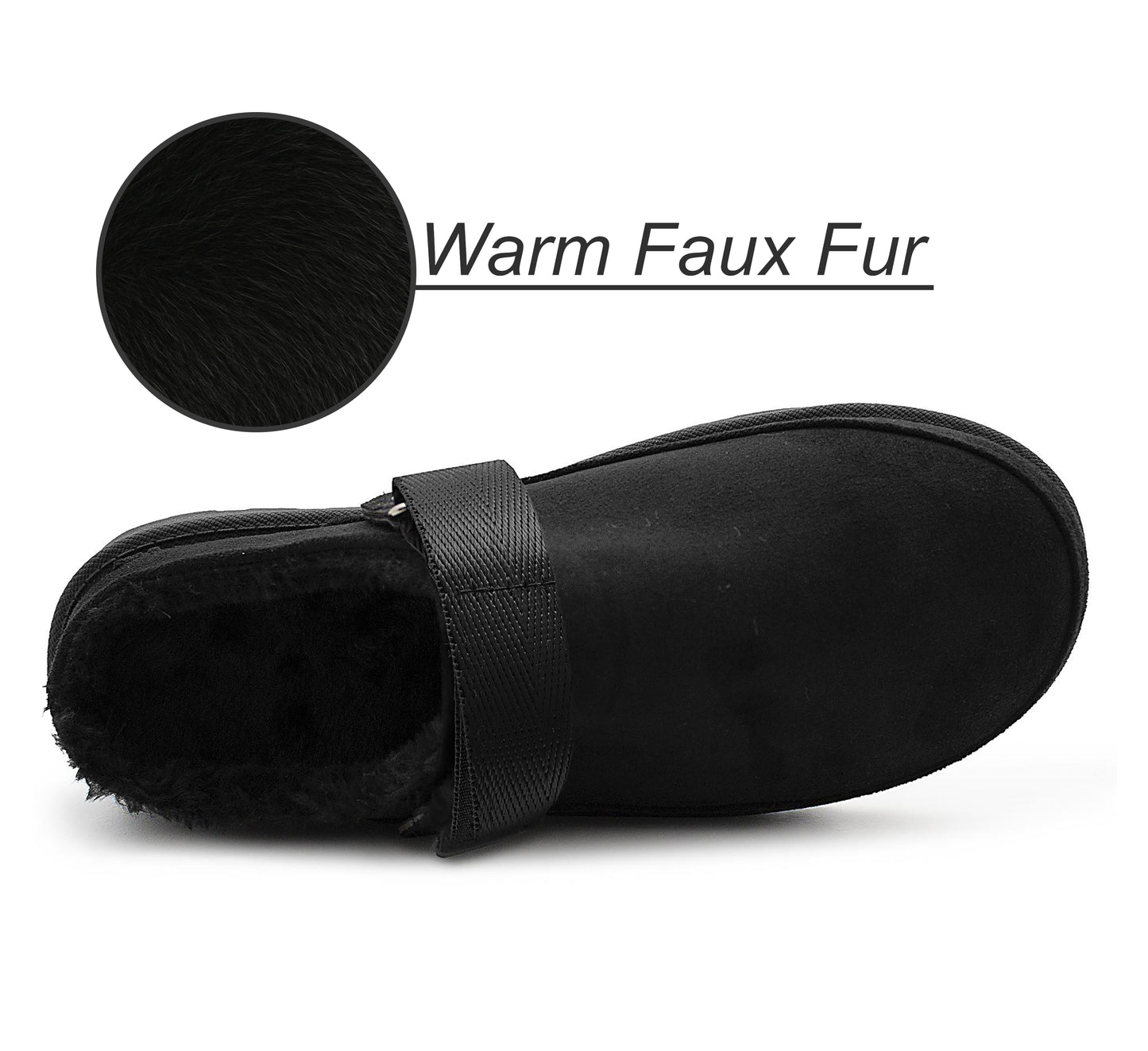 Womens Warm Slippers Black Faux Suede Fur Lined Clogs Adjustable Strap Slip On Mules Ladies Faux Suede Winter Cosy Indoor House Shoes