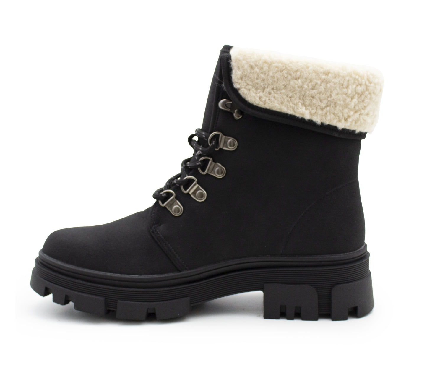 Womens Black Winter Ankle Boots Chunky Sole Platform Faux Fur Lined Warm Fleece Trim Ladies High Top Hiking Combat Fashion Boots