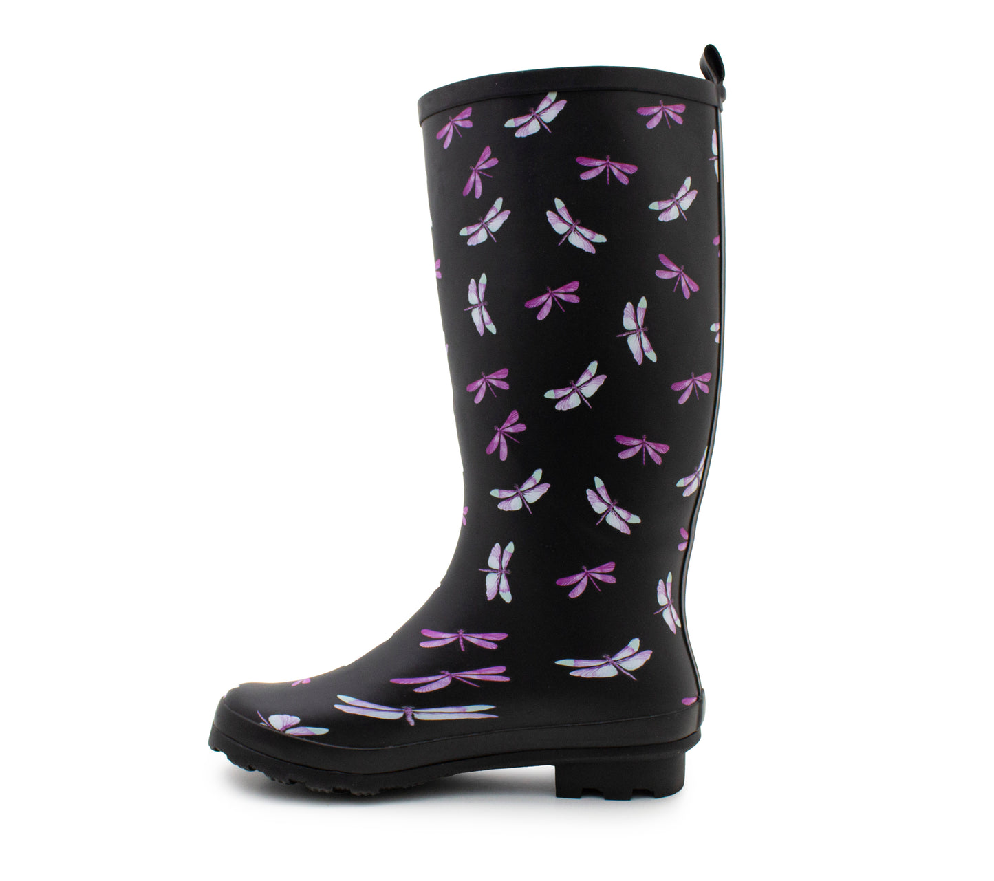 Womens Adjustable Calf Wellies Black Dragonfly Waterproof Ladies Fashion Festival Dog Walking Rain Mud Wellington Boots