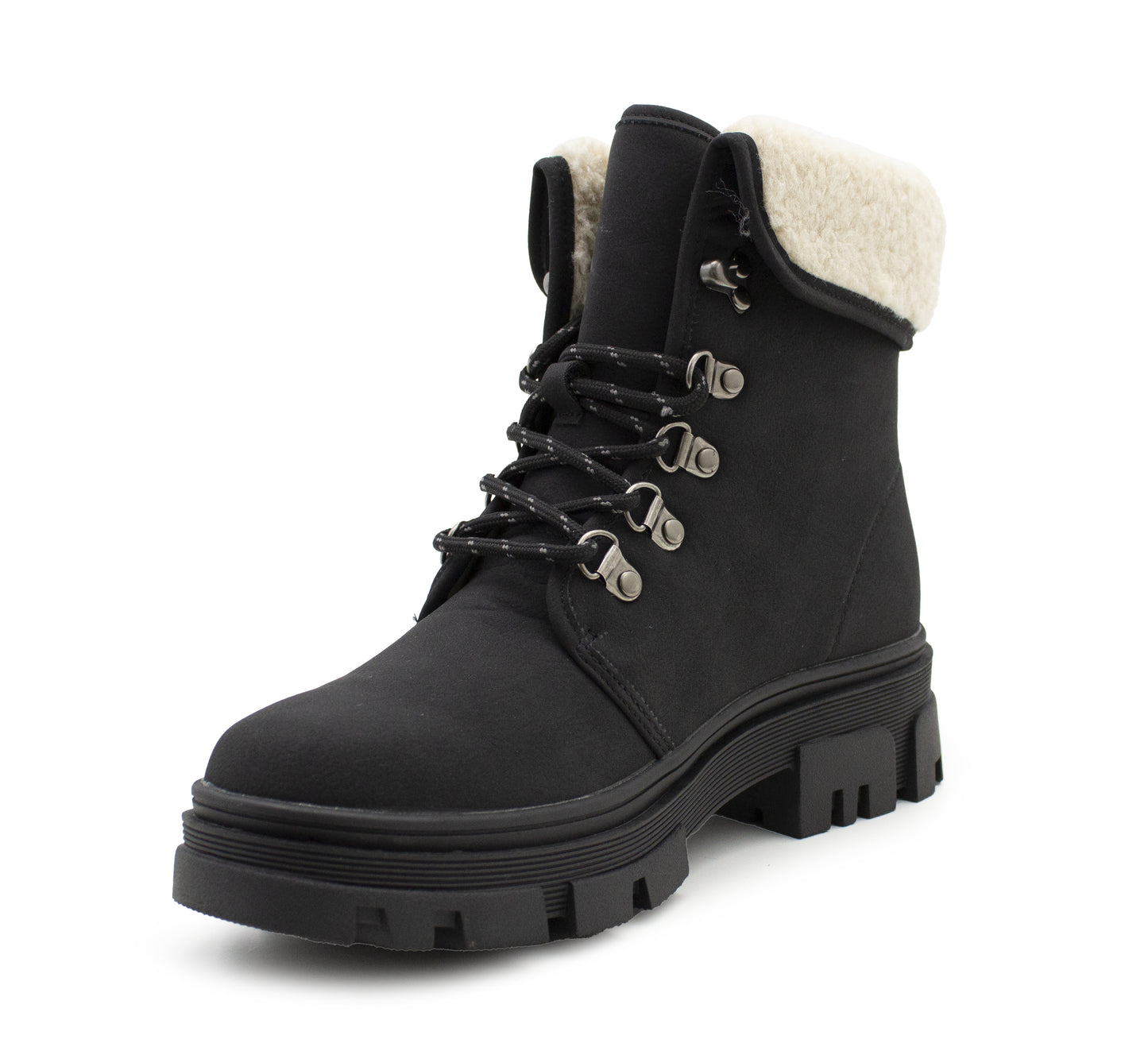 Womens Black Winter Ankle Boots Chunky Sole Platform Faux Fur Lined Warm Fleece Trim Ladies High Top Hiking Combat Fashion Boots