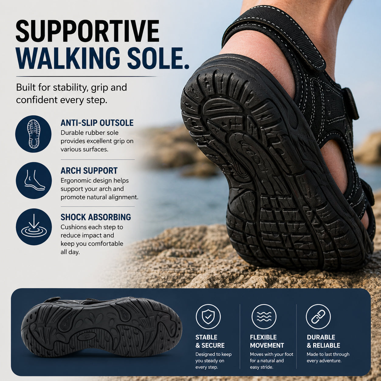 Mens Hiking Sandals Triple Touch Fasten Strap Sports Beach Outdoor Sandals