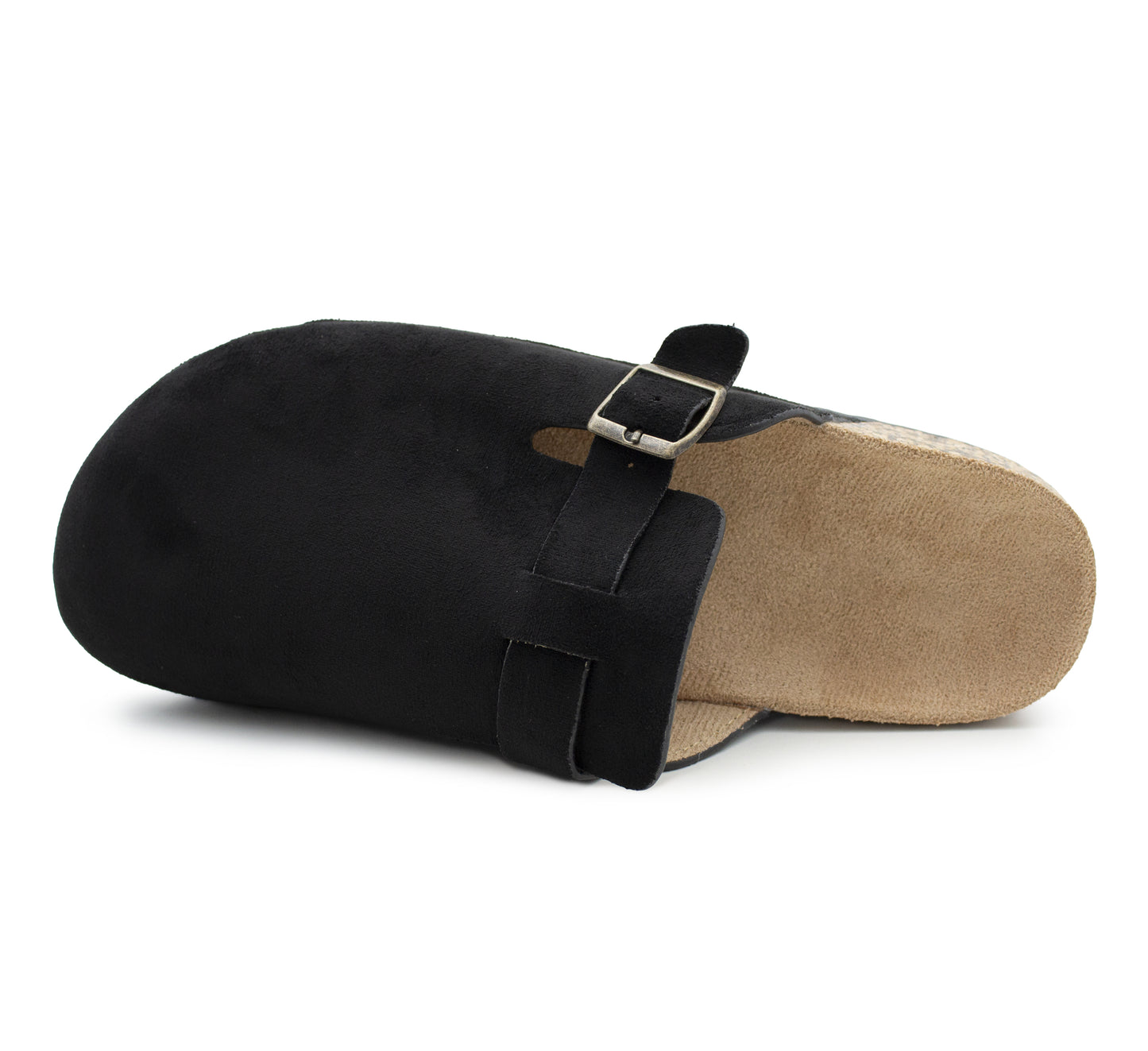 Womens Faux Suede Clogs Slip On Adjustable Buckle Cork Footbed Arch Support Ladies Backless Mules Flat Casual Slippers