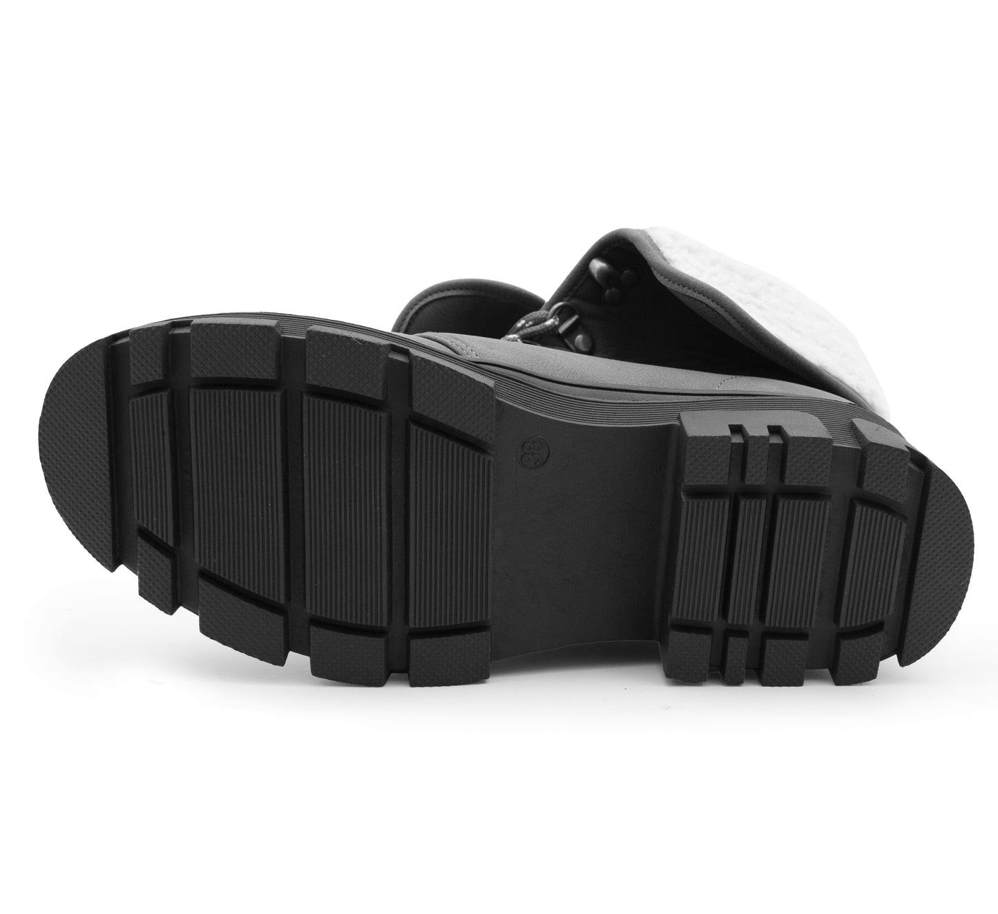 Womens Black Winter Ankle Boots Chunky Sole Platform Faux Fur Lined Warm Fleece Trim Ladies High Top Hiking Combat Fashion Boots