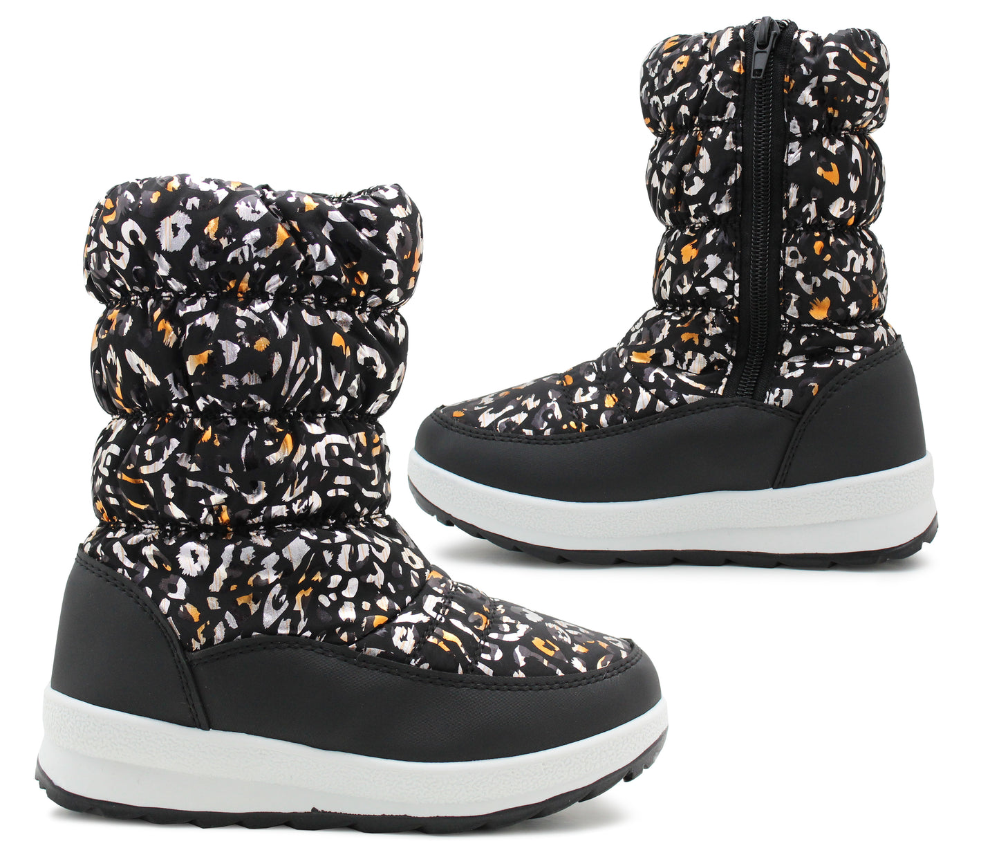 Girls Black Leopard Winter Snow Boots Kids Thermal Quilted Faux Fur Lined Zip Up Mid Calf Ankle Booties