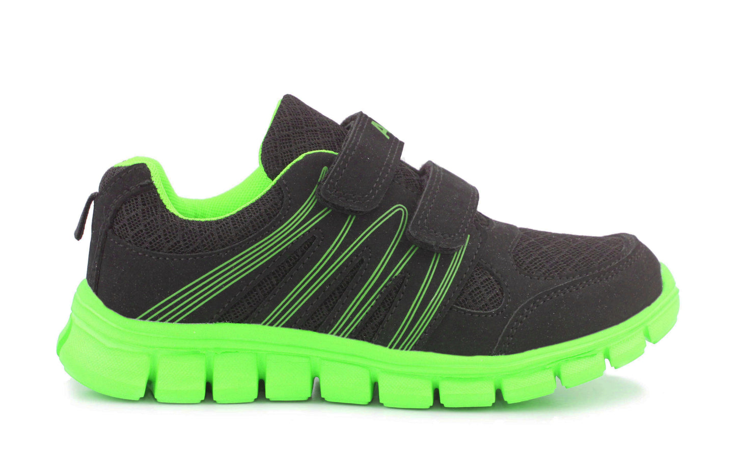 Kids Black Neon Green Youth Super Lightweight EVA Double Touch Fasten Strap Sports Trainers