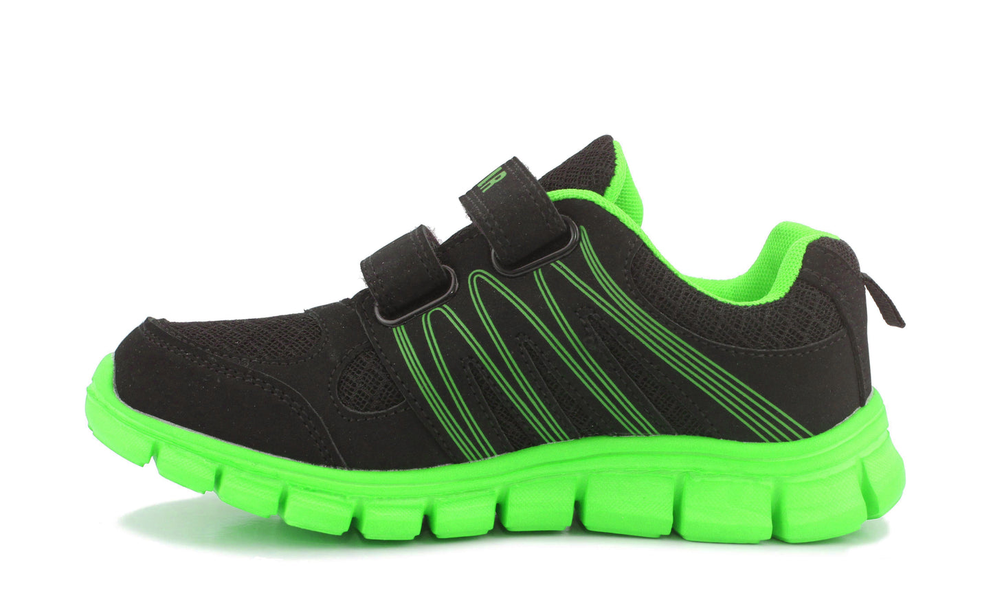 Kids Black Neon Green Youth Super Lightweight EVA Double Touch Fasten Strap Sports Trainers